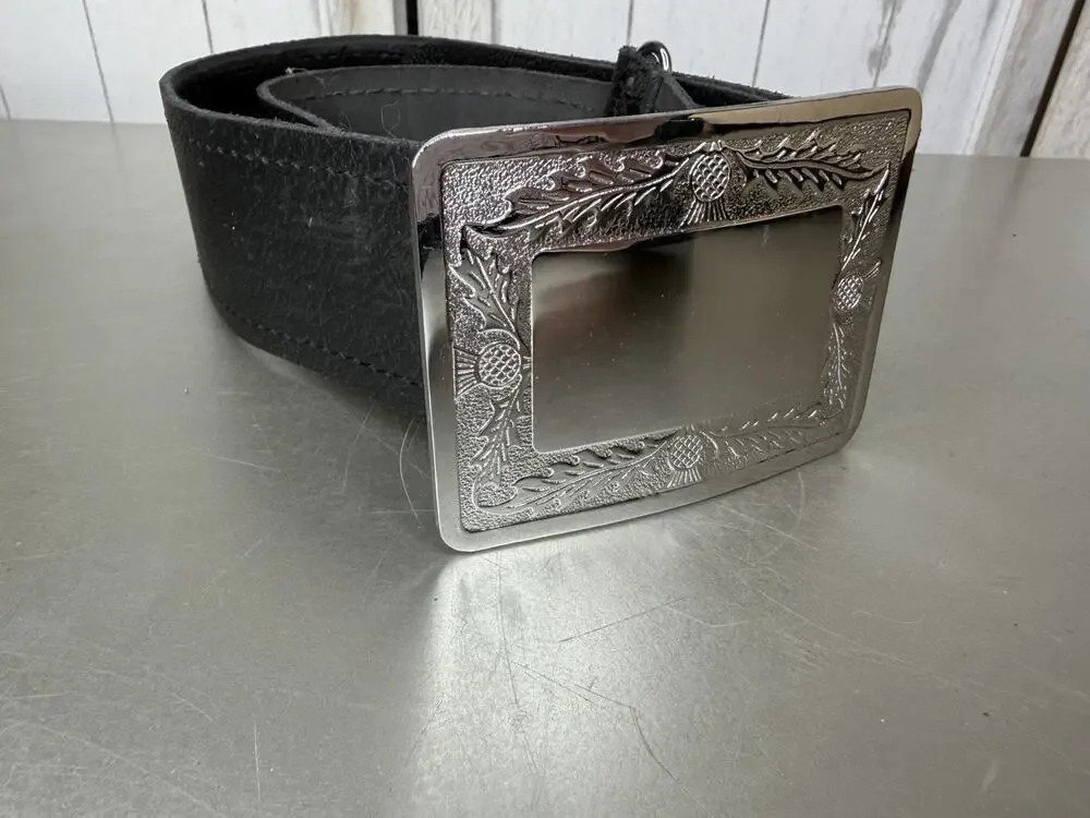 Black KILT Leather BELT SCOTTISH THISTLE SILVER BUCKLE Size Large XL Highland